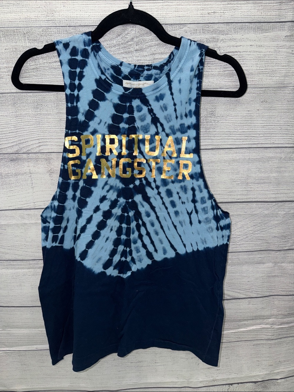 Spiritual Gangster Blue Tie-Dye Muscle Tank with Gold Logo